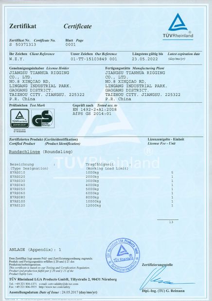 Chiny JiangSu Tianhua Rigging Co., Ltd Certyfikaty
